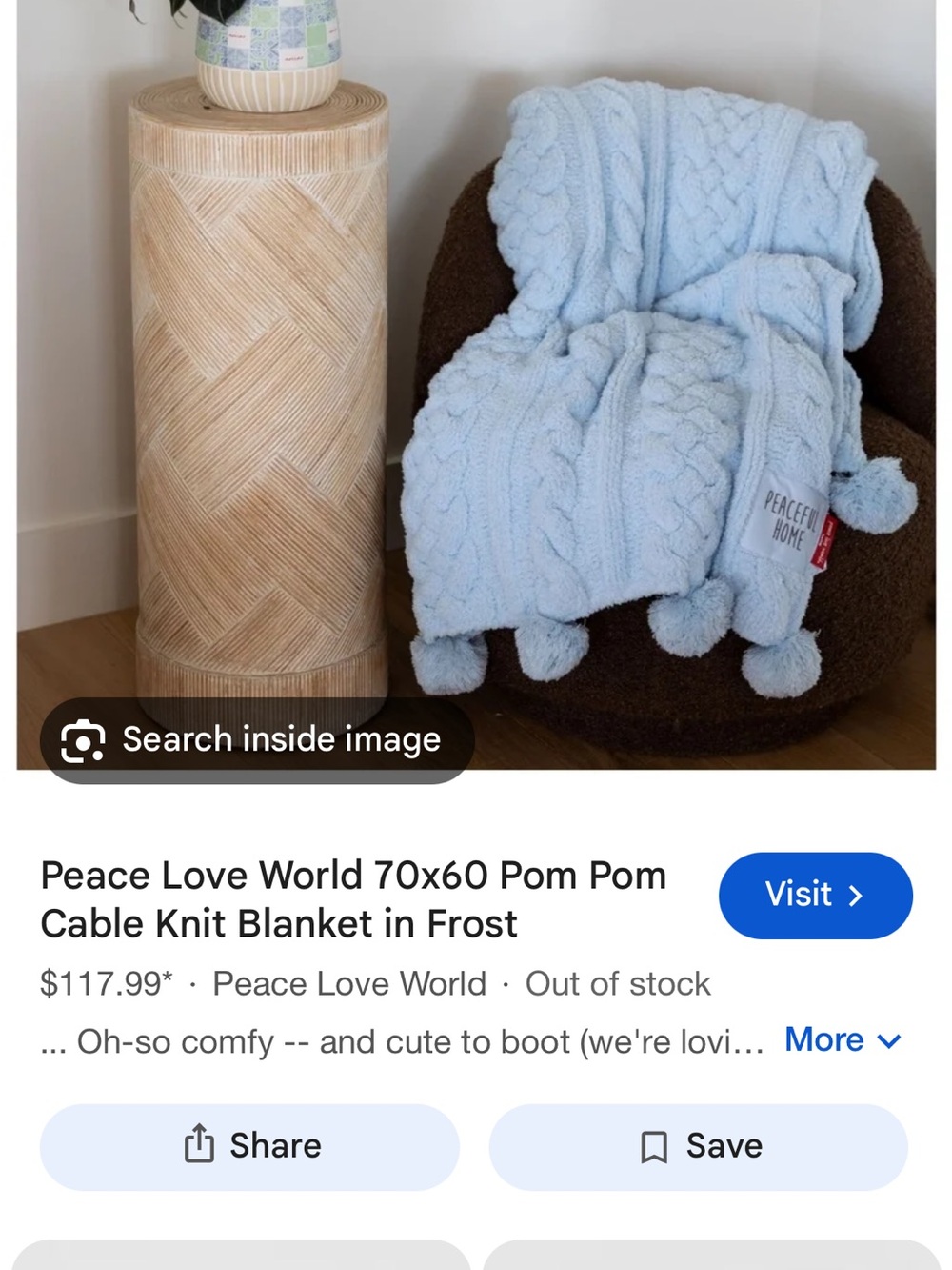 Peace Love World Light Blue Cable Knit Throw with Pom Poms